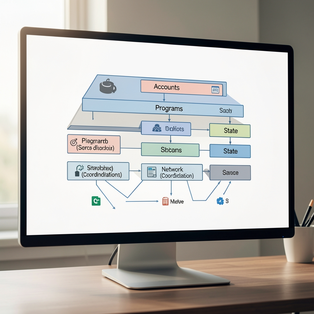 Layered architectural diagram on a large monitor showing accounts, programs, state, and network coordination concepts