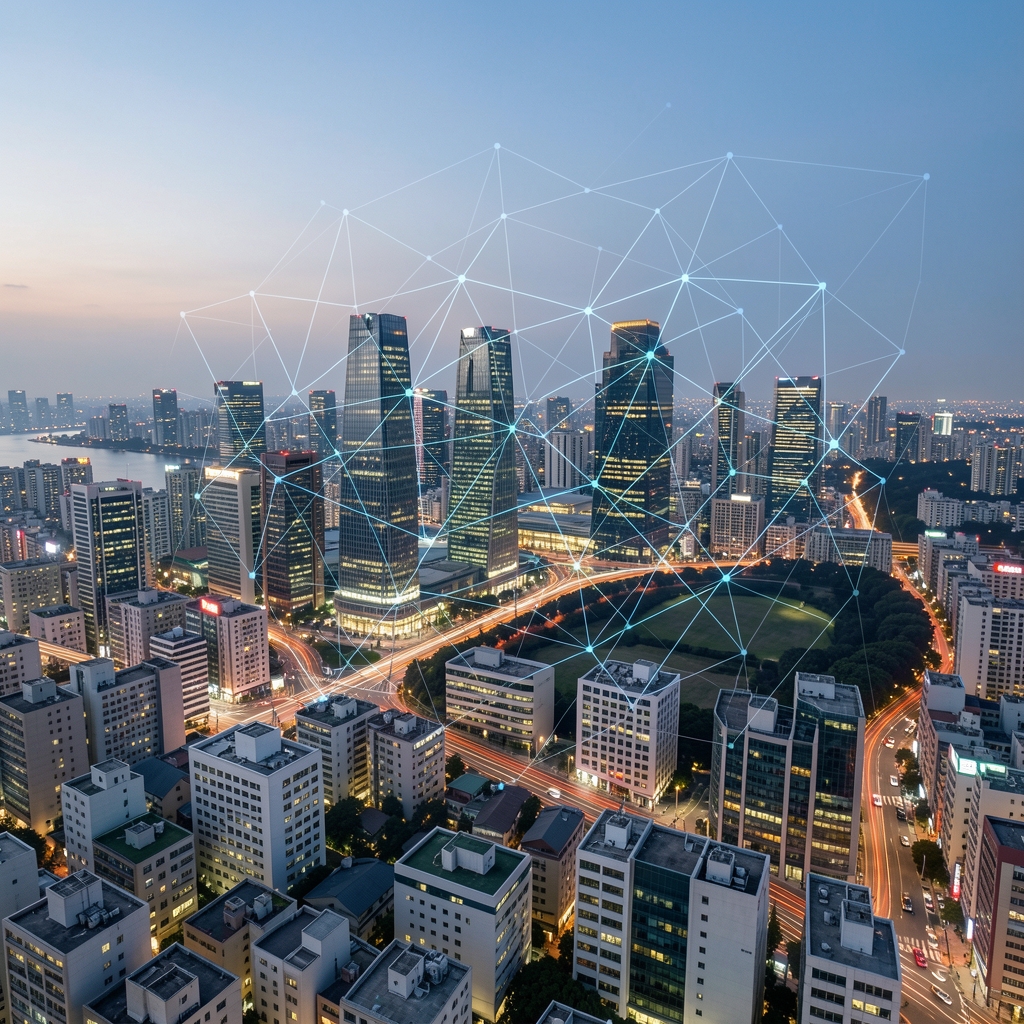 Seoul evening skyline blended with a subtle network diagram illustrating technology and place