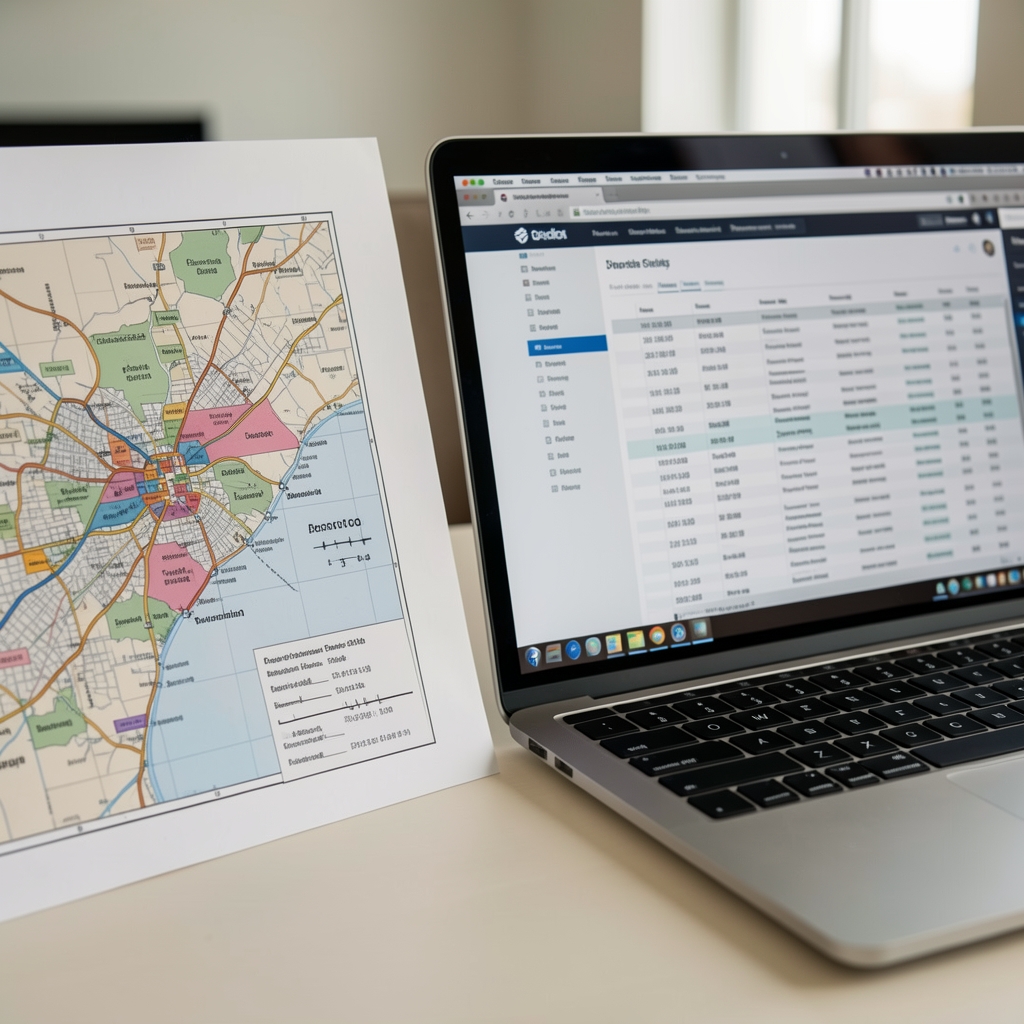 Close view of a printed transaction map beside a laptop showing structured blockchain records