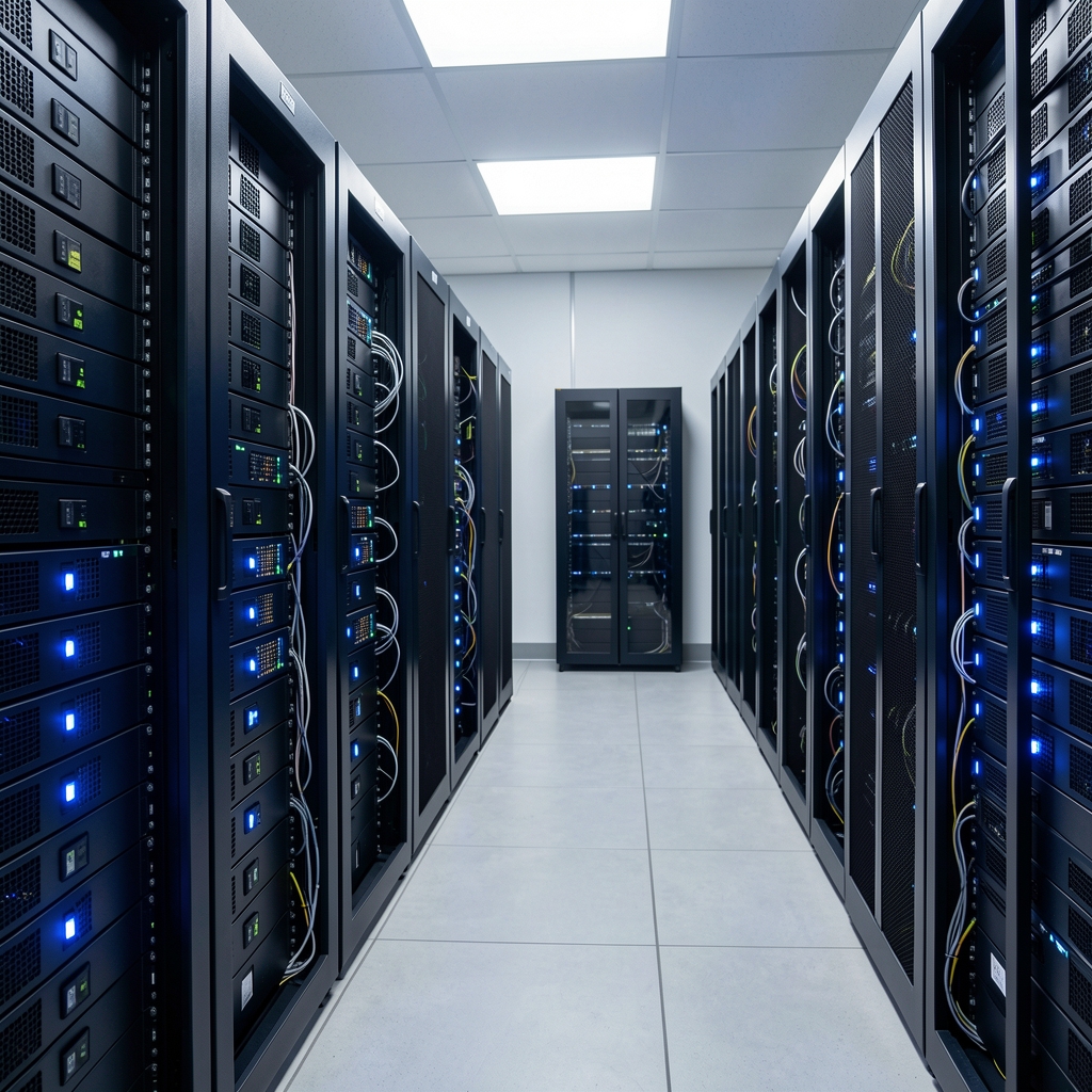 Quiet server room with organized validator equipment and cool blue indicator lights