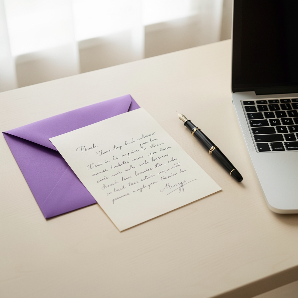 Minimal correspondence desk with a handwritten letter, fountain pen, and violet envelope beside a laptop