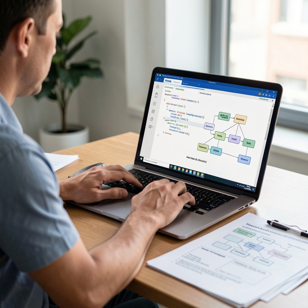 Developer reviewing structured blockchain code and account diagrams on a laptop beside printed technical notes