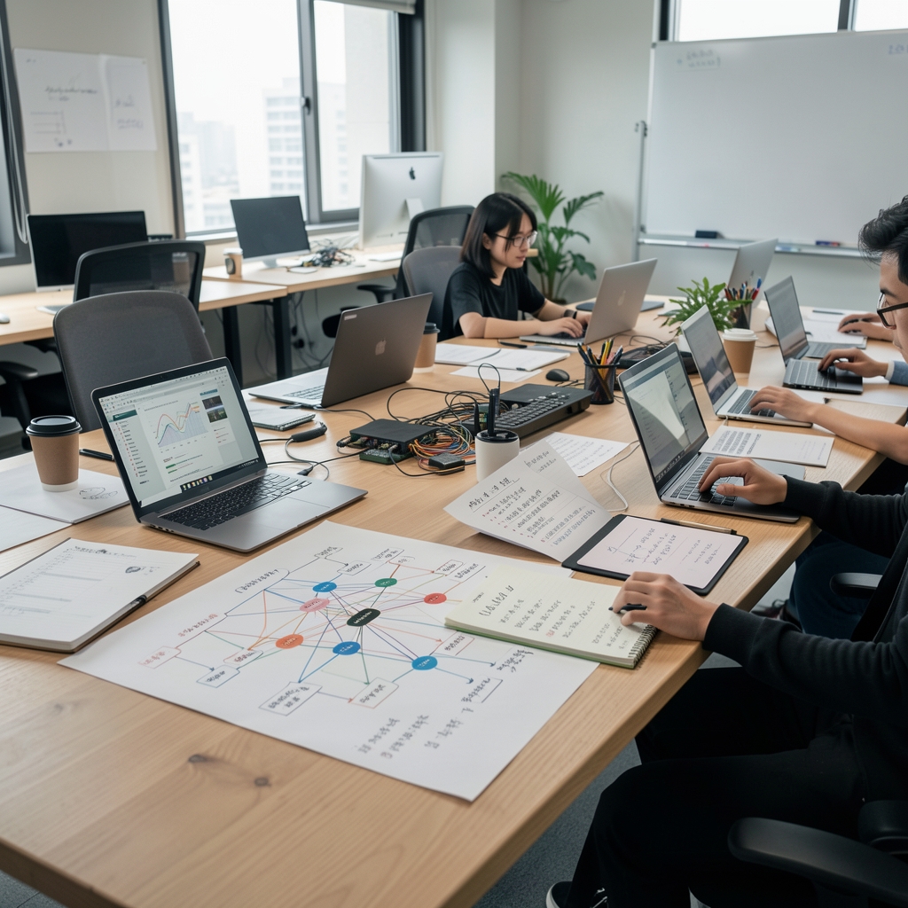 Diverse technology workshop table with laptops, network diagrams, and collaborative notes in a modern Seoul studio