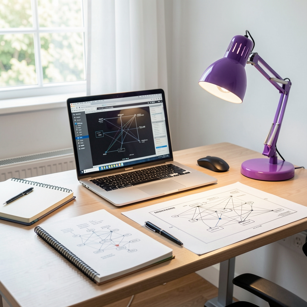 Bright editorial desk with technical notebooks, laptop network diagrams, and a violet reading lamp