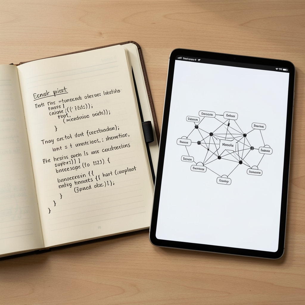 Open notebook with handwritten code concepts beside a tablet displaying a clean network diagram