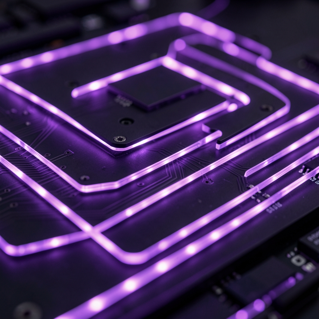 Abstract close-up of violet data lights forming a layered pattern across a dark technical surface