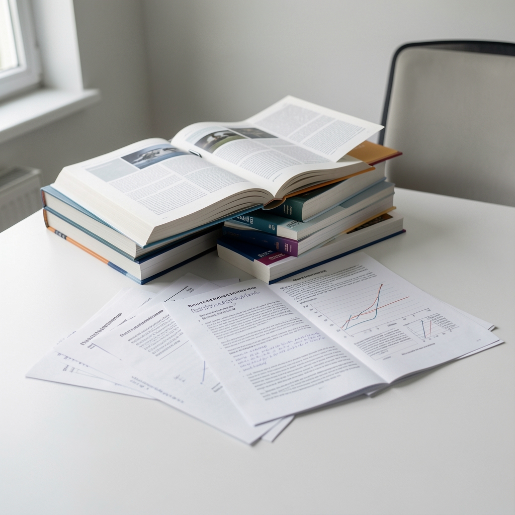 Stack of open technical books and annotated research papers arranged on a white desk