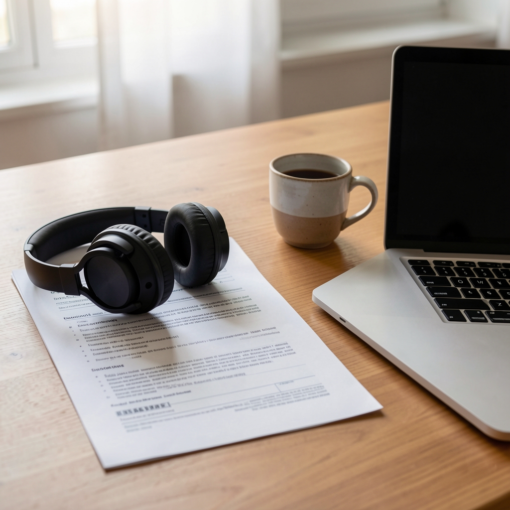Minimal Seoul study table with headphones, printed documentation, and a ceramic cup beside a laptop
