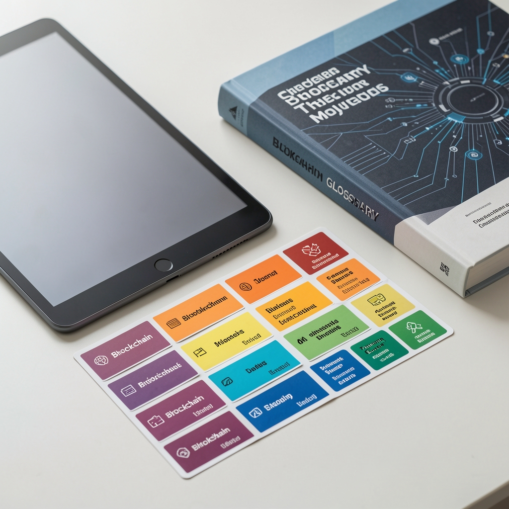 Color-coded glossary cards with blockchain terms arranged beside a tablet and technical reference book