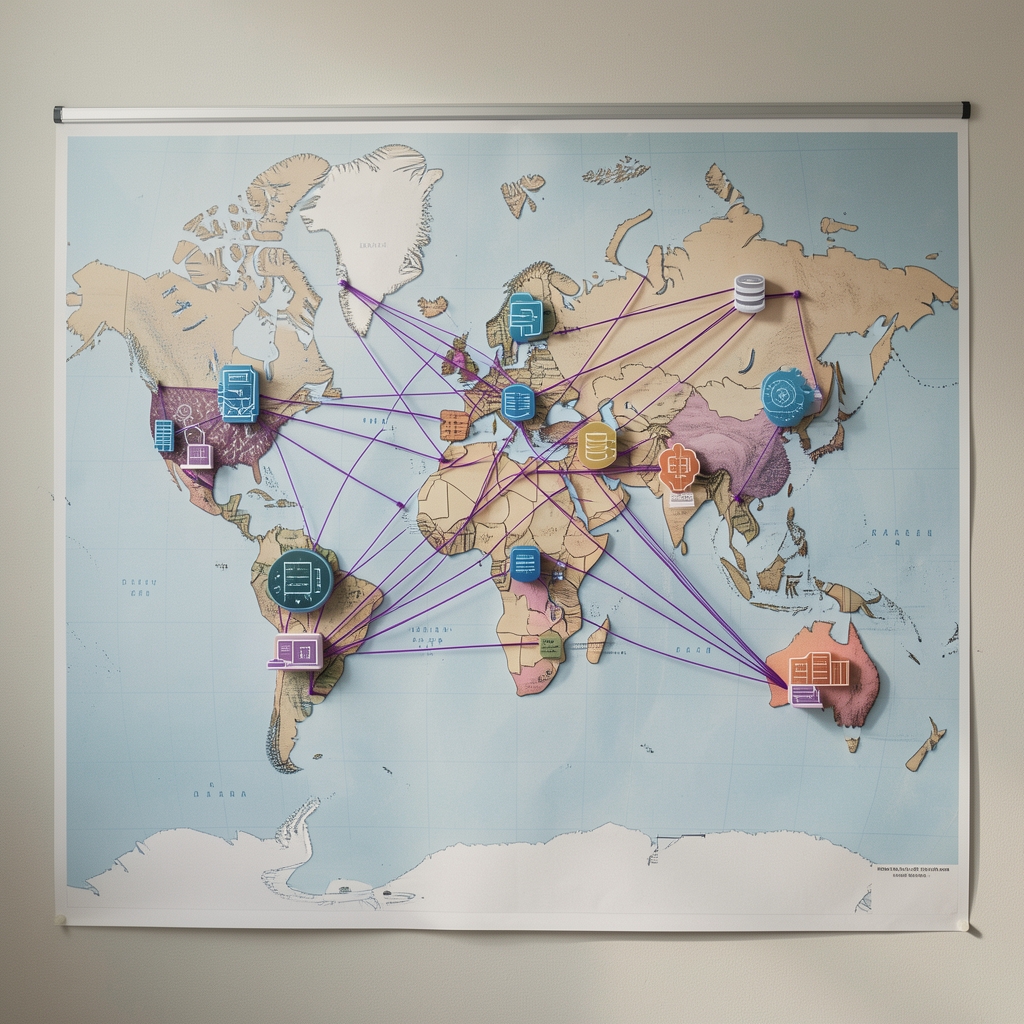 Editorial wall map showing layered blockchain concepts connected with violet threads