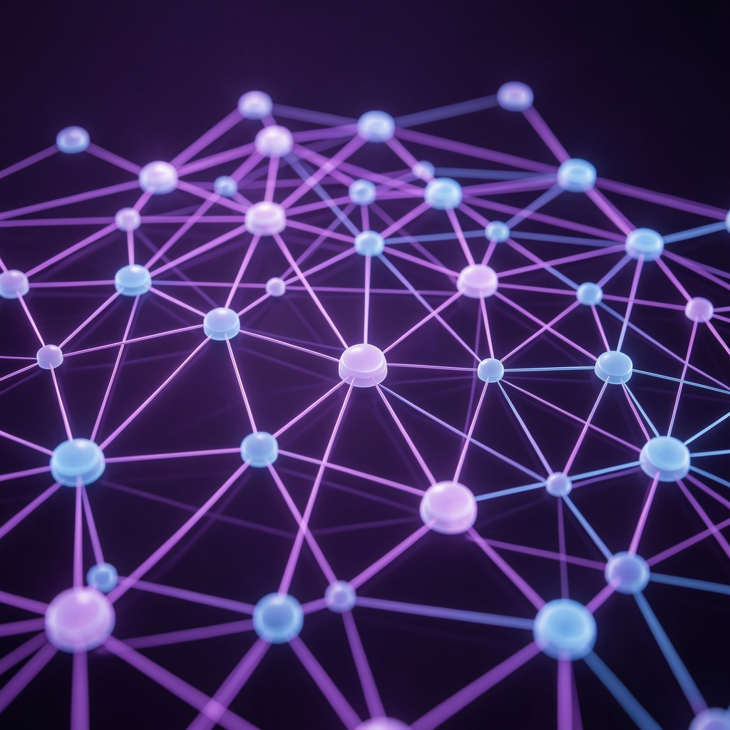 Abstract violet and blue visualization of interconnected blockchain nodes representing a distributed network