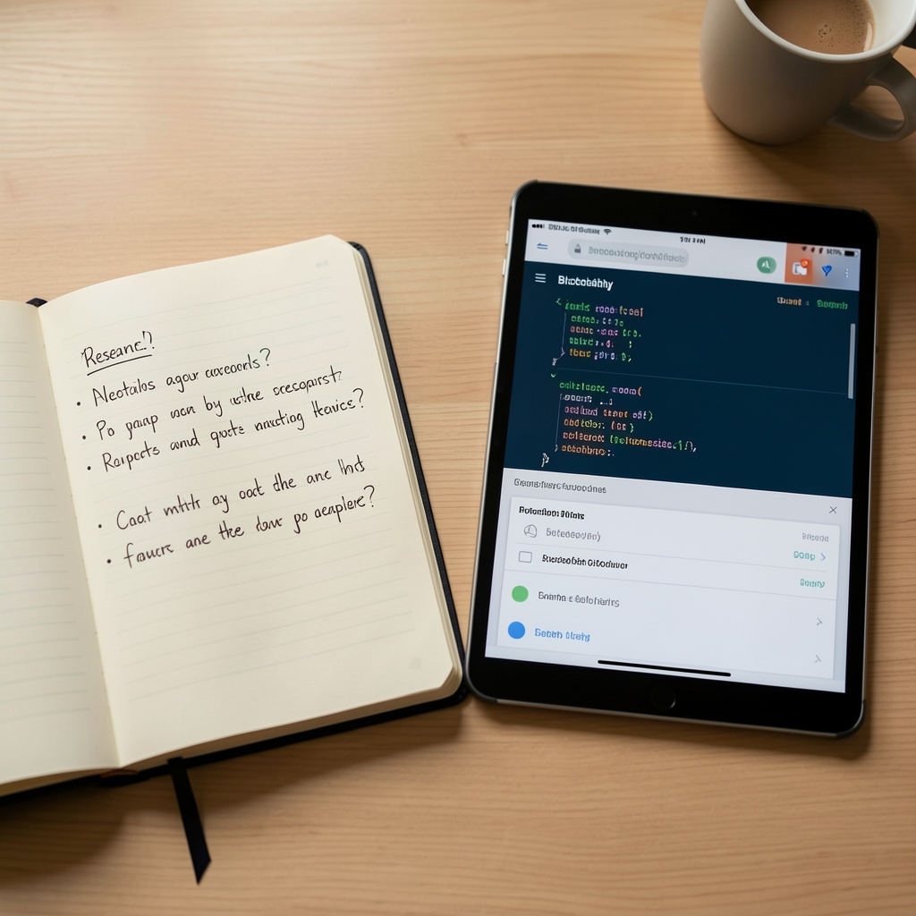 Open notebook beside a tablet displaying a blockchain explorer and handwritten research questions