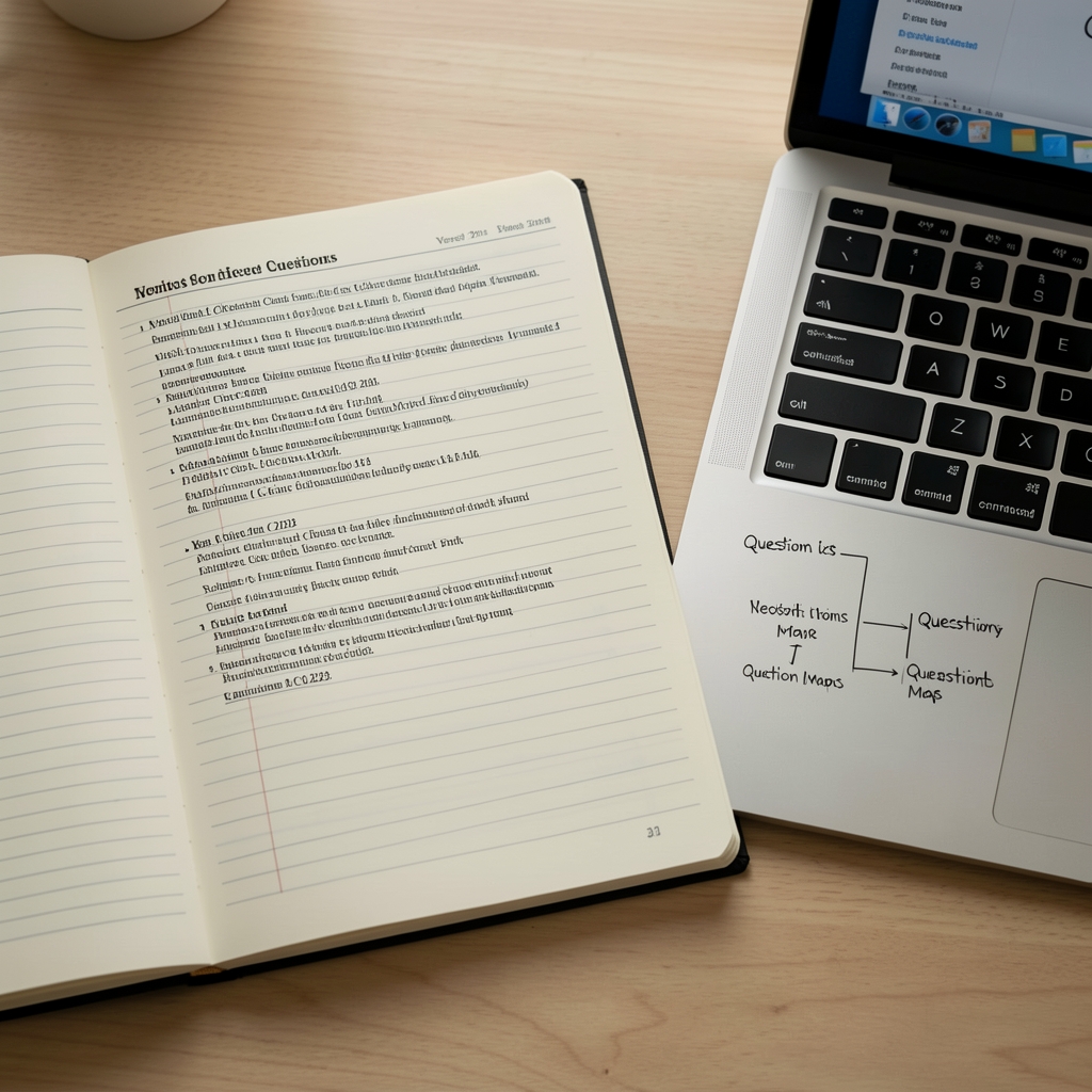 Research notebook with source citations, version dates, and a structured question map beside a laptop