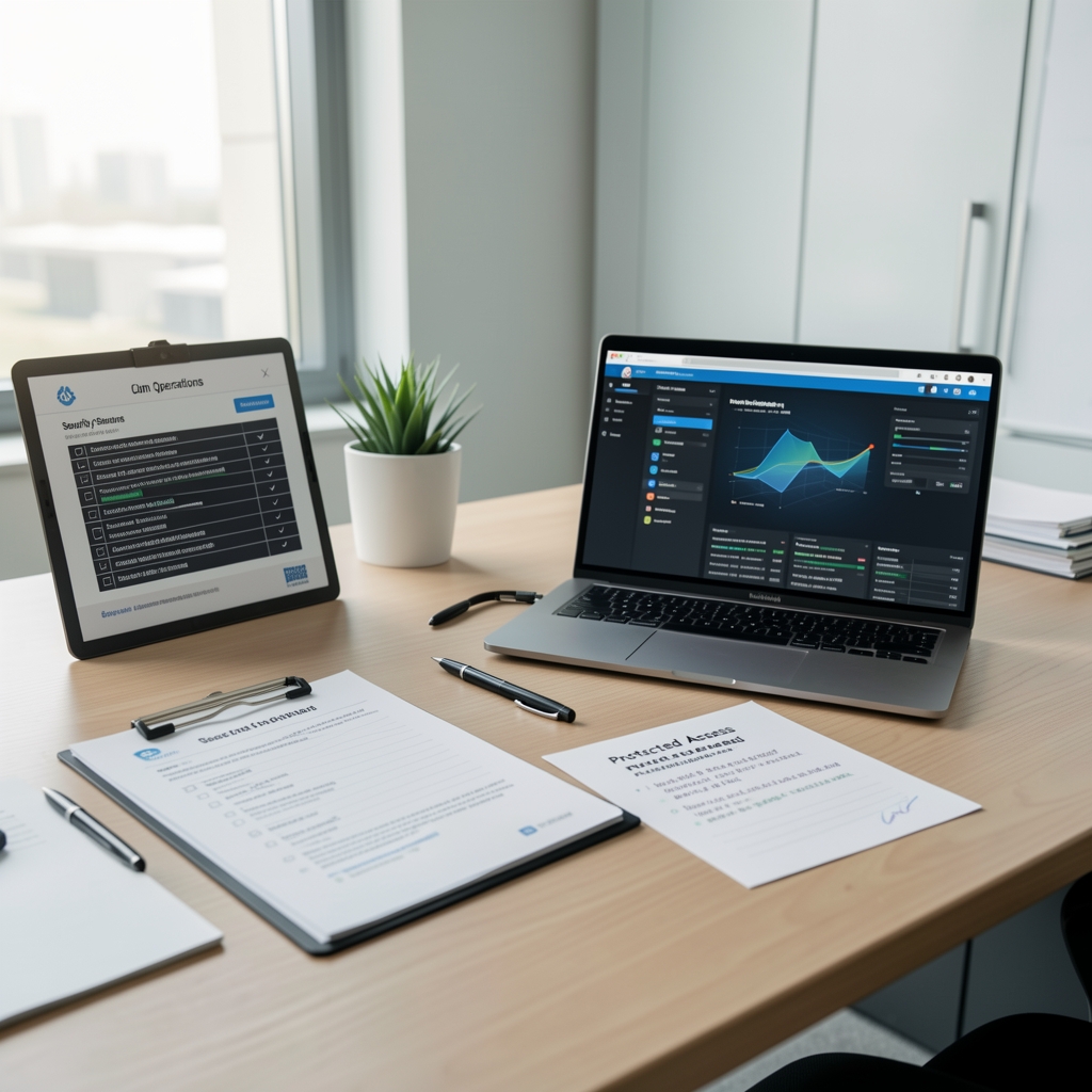 Calm operations workspace with security checklist, laptop dashboard, and protected server access notes