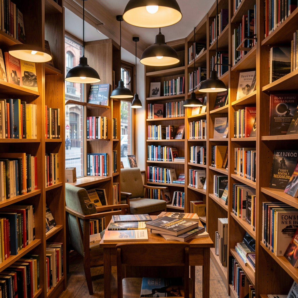 Quiet Seoul street library interior with technology magazines and warm reading lights