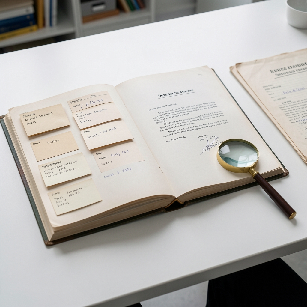 Open documentation archive with source cards, dated papers, and a magnifying glass on a white research table