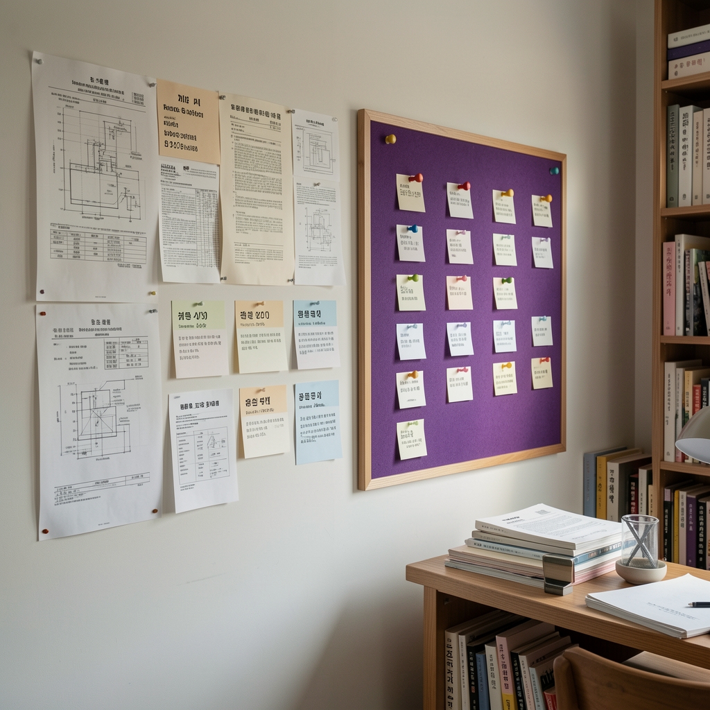 Editorial archive wall with dated technical documents, timeline cards, and a violet pinboard in a Seoul study room