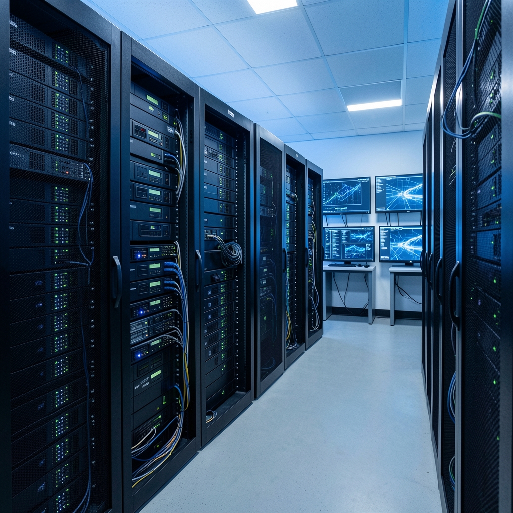 Organized validator server room with network equipment, monitoring displays, and cool blue operational lighting